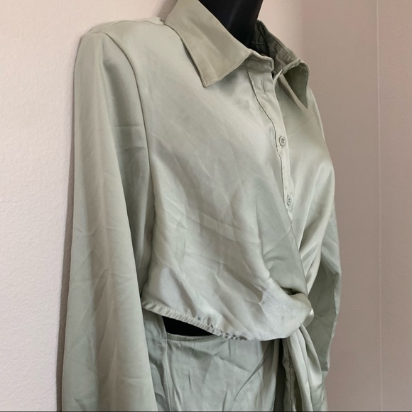 Princess Polly Sage Green Satin Long Sleeve Button Twist Cut Out Shirtdress - Picture 6 of 12